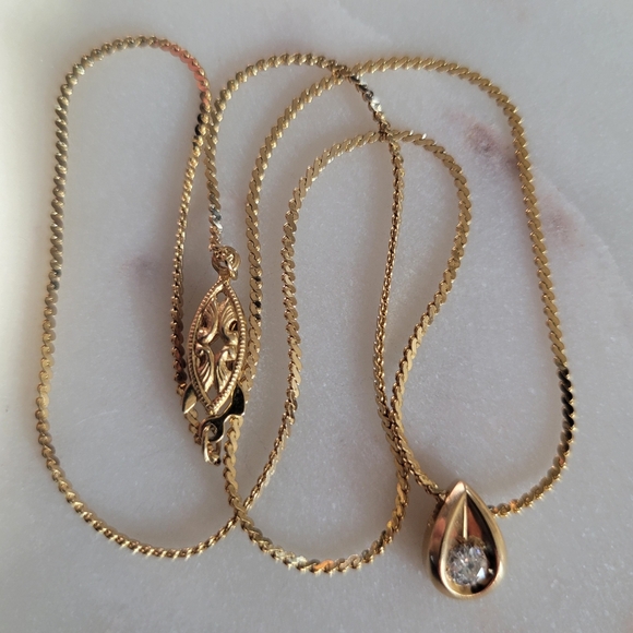 Solid 14k Yellow Gold Diamond Pendant On Gold Tone Necklace
